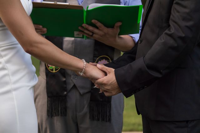 Bride and groom holding hands